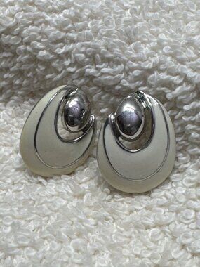 Silver-Tone & White Enamel Post Earrings By Dick & Co - Modernist Style Jewelry